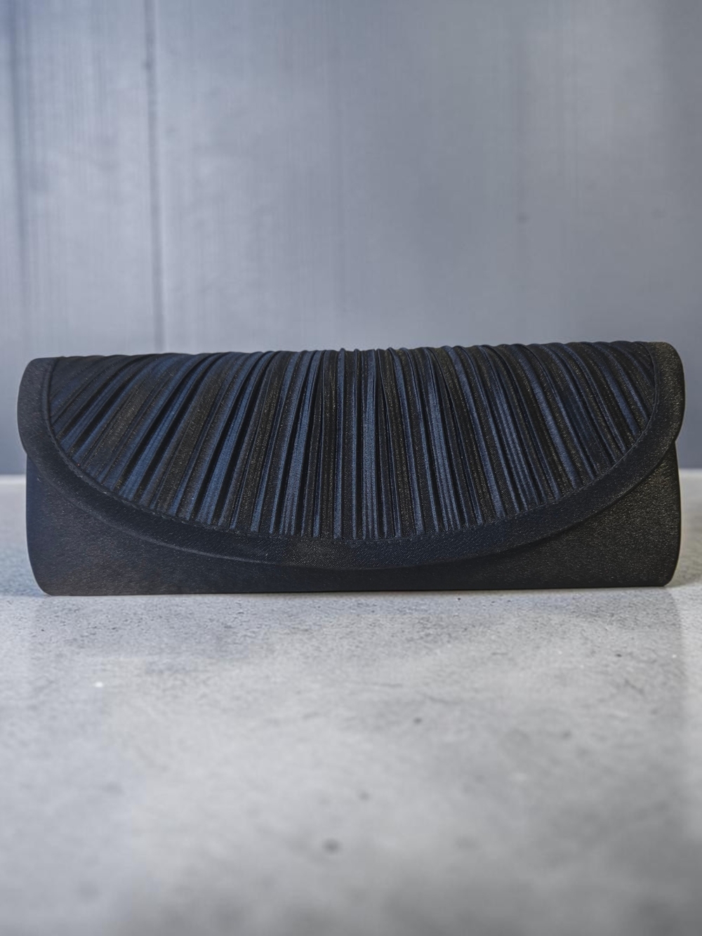 Bijoux Terner Black Pleated Satin Evening Bag Clutch Purse Silver Chain Strap